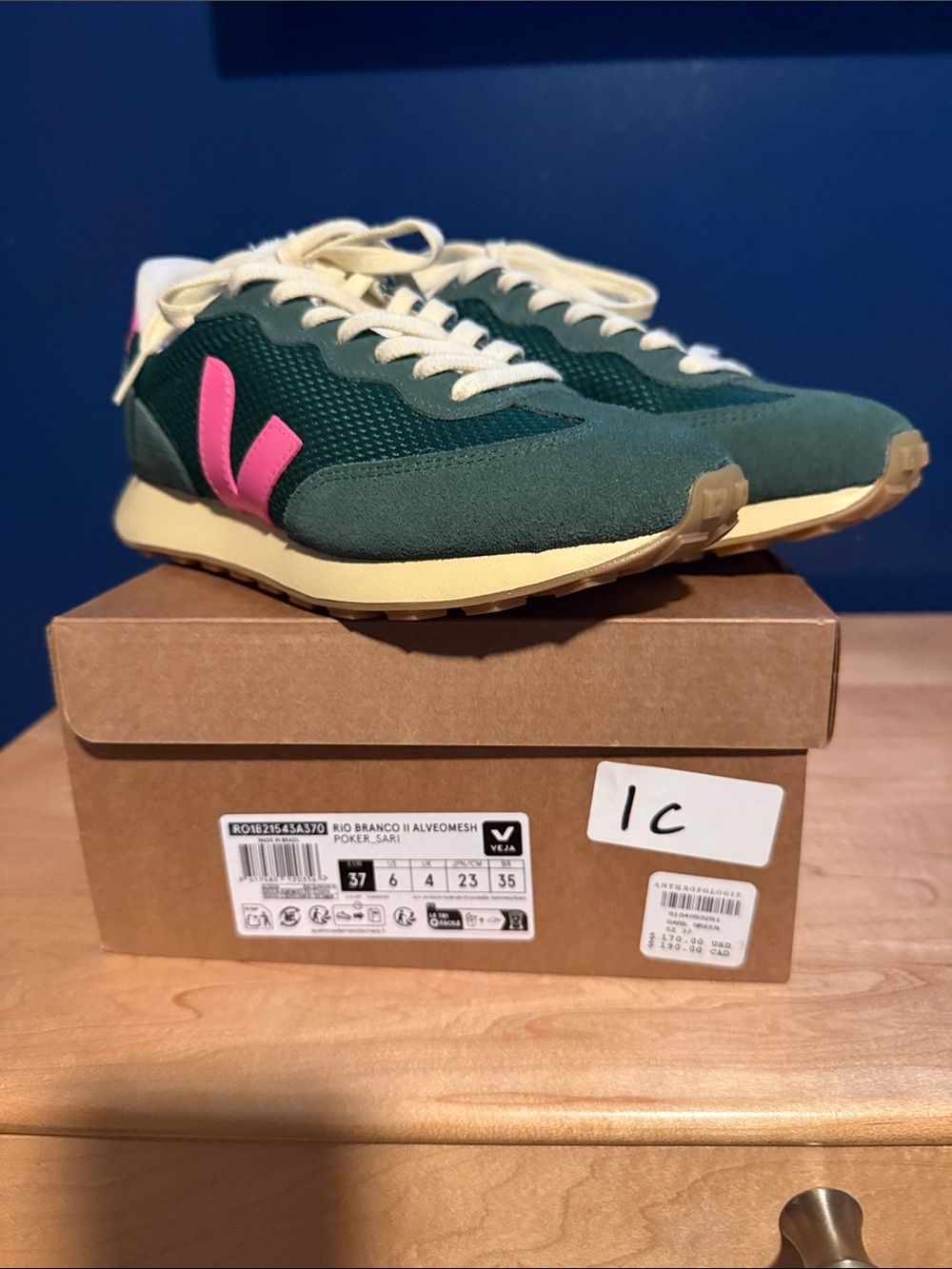 Veja Forest Green Sneakers with Pink V Accent